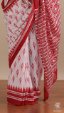 White & Red Contemporary Handblocked Pure Mul Cotton Saree