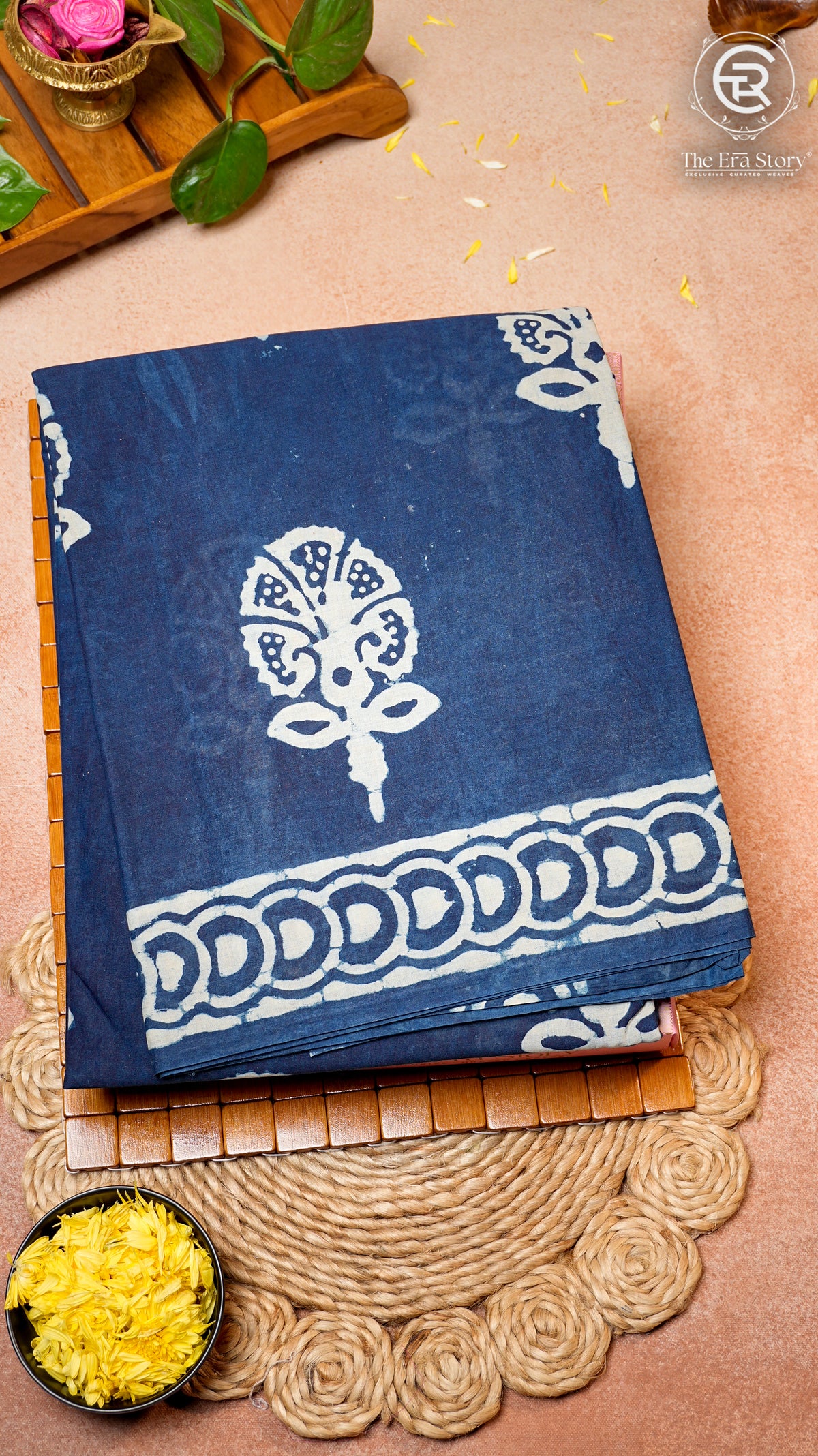 Navy Blue & Cream White Floral Handblocked Pure Cotton Sarees