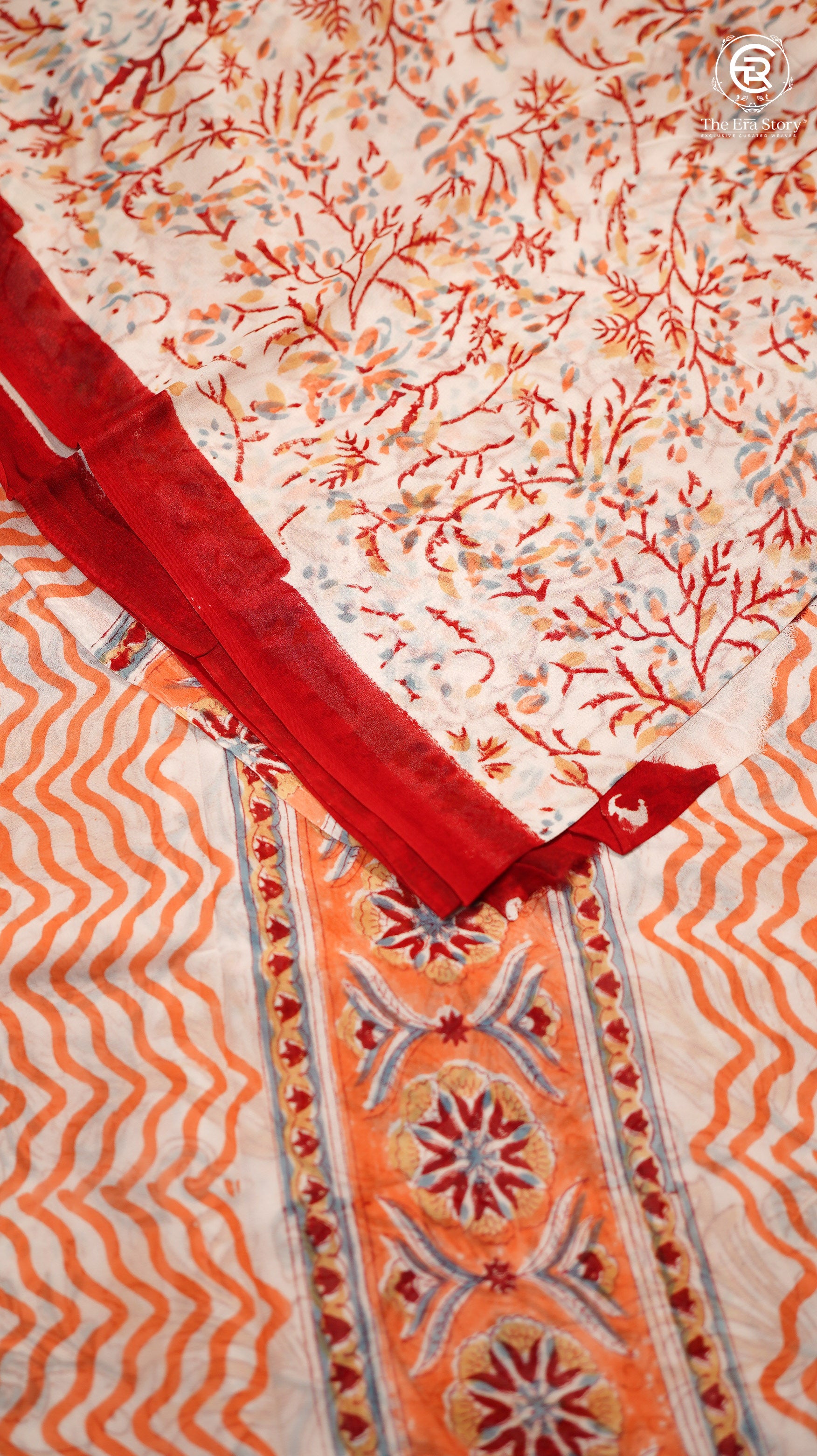 White & Red Orange Floral Vine Handblocked Pure Georgette Saree