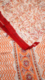 White & Red Orange Floral Vine Handblocked Pure Georgette Saree