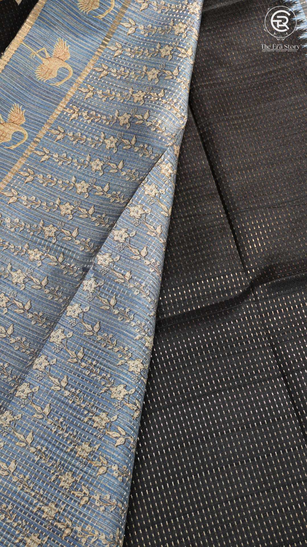 Black & Blue Floral Kantha Matka Tussar Silk Saree