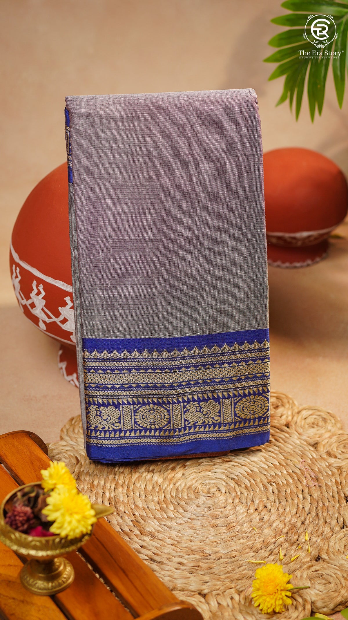 Mauve Grey & Blue Peacock Floral Border Handloom Narayanpet Cotton Saree