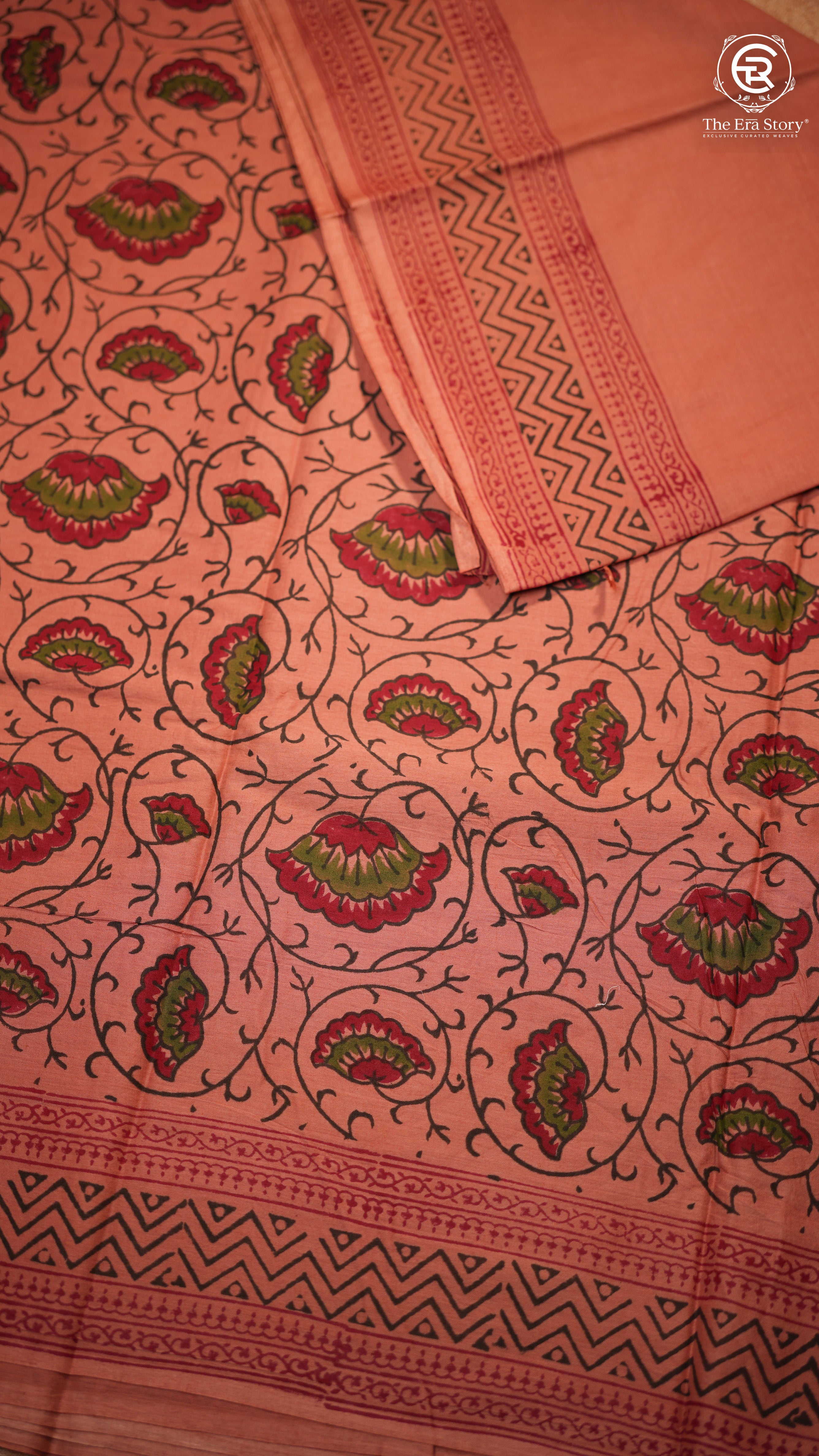 Dusty Peach Floral Handblocked Pure Mul Cotton Saree