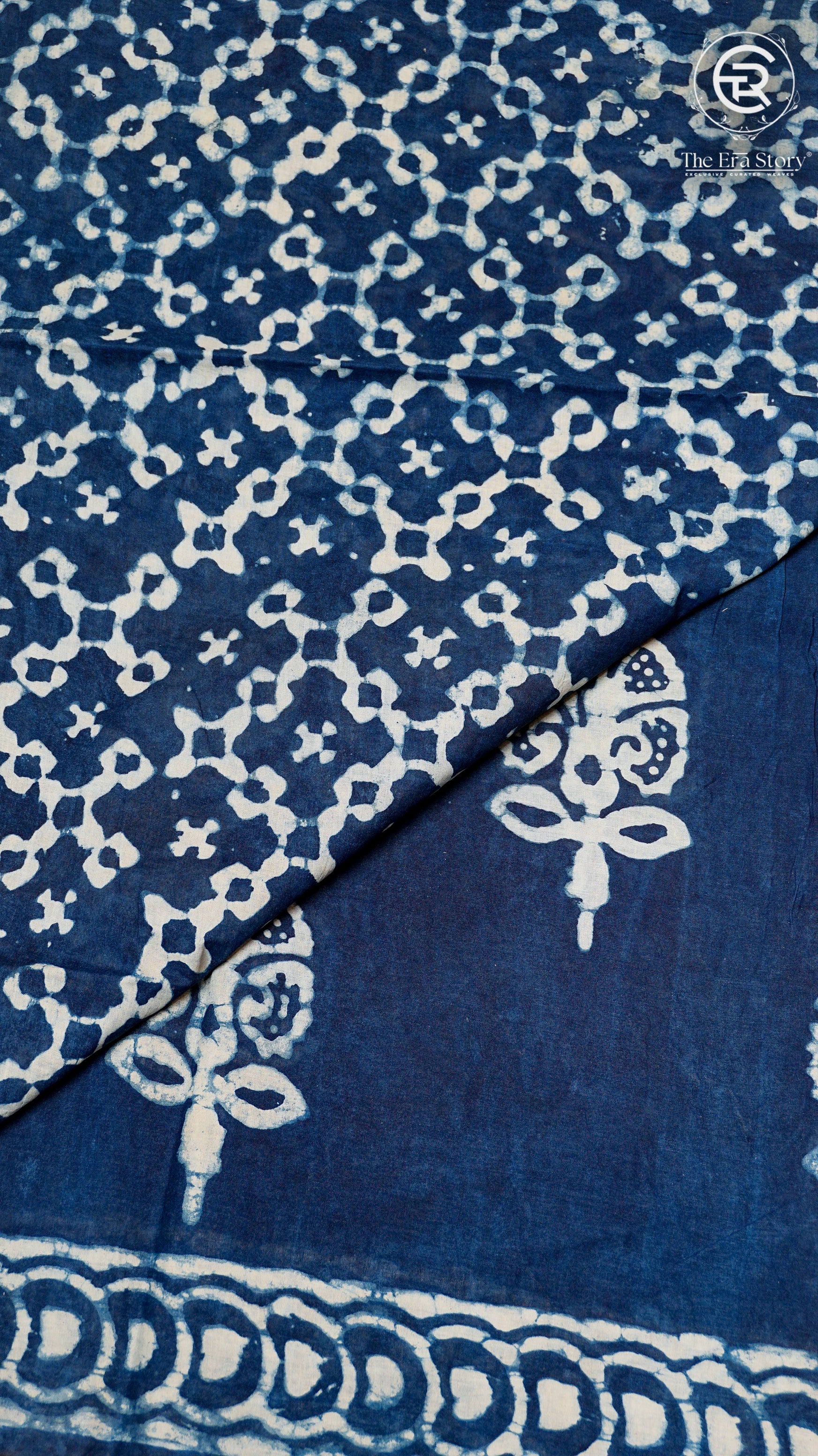 Navy Blue & Cream White Floral Handblocked Pure Cotton Sarees
