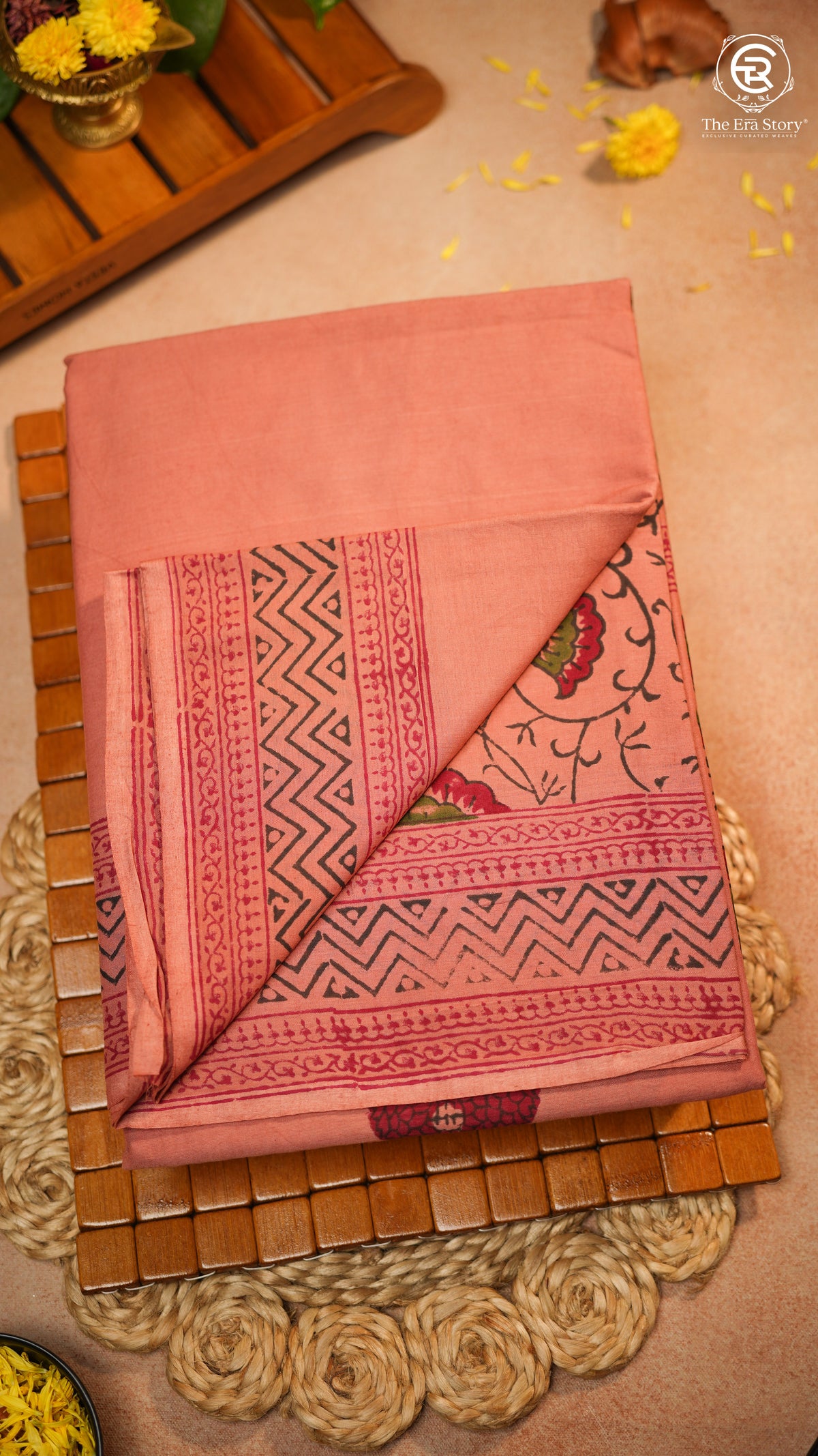 Dusty Peach Floral Handblocked Pure Mul Cotton Saree