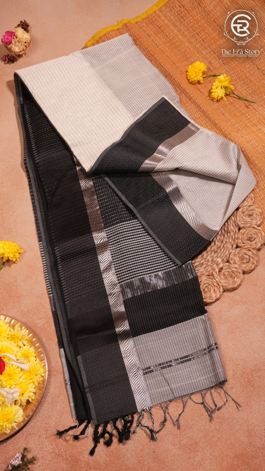 Grey and Black Line Patterned Handloom Pure Maheshwari Silk Saree