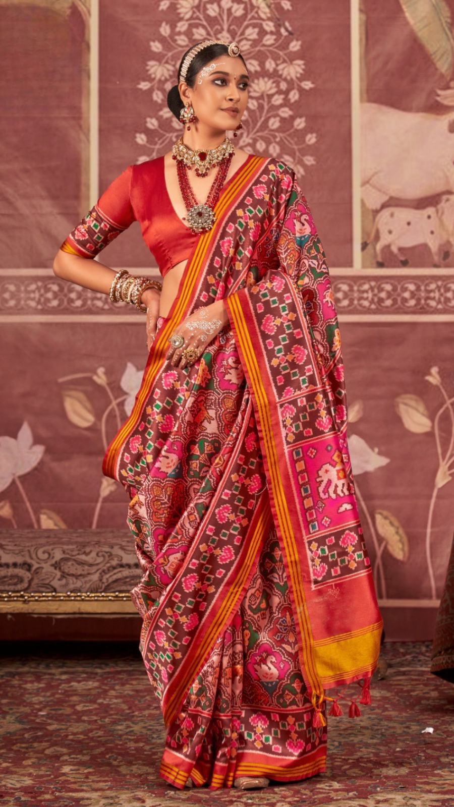 Red & Pink Elephant Patola Crepe Banarasi
