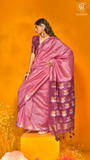 Pink Purple Gold and Silver Lotus Tussar Silk Saree