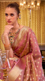 Pink and Gold Handloom Zari Weaving Tissue Silk Saree