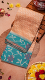 Beige and Blue Diamond Patterned Banarasi Silk Saree