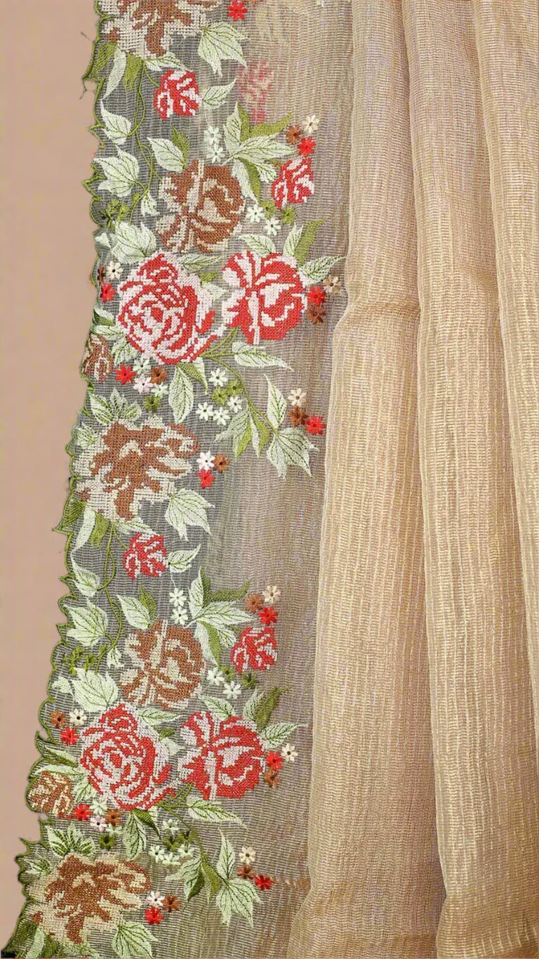 Premium Gold Embroidered Crushed Tissue Silk Saree