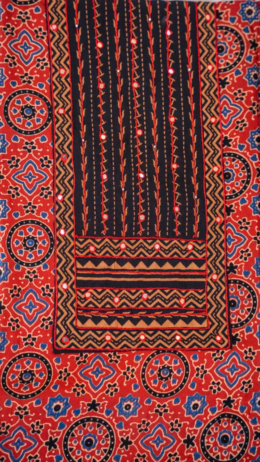 Fire Brick Maroon, Black and Blue Cotton Ajrakh Hand Block Print Straight Line Patterned Mirror Work Regular Salwar
