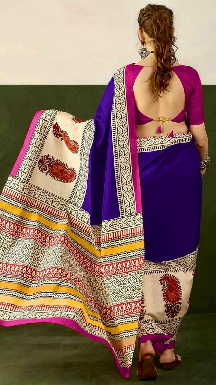 Blue and Beige Ajrakh Hand Blocked Pure Cotton Saree