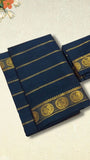 Navy Blue Line Patterned Peacock Sungadi Pure Cotton Saree