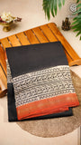 Black & Beige Handblocked Maheshwari Silk Cotton Saree