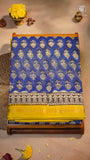 Blue and Yellow Cone Floral Geometric Handblocked Pure Maheshwari Cotton Sarees