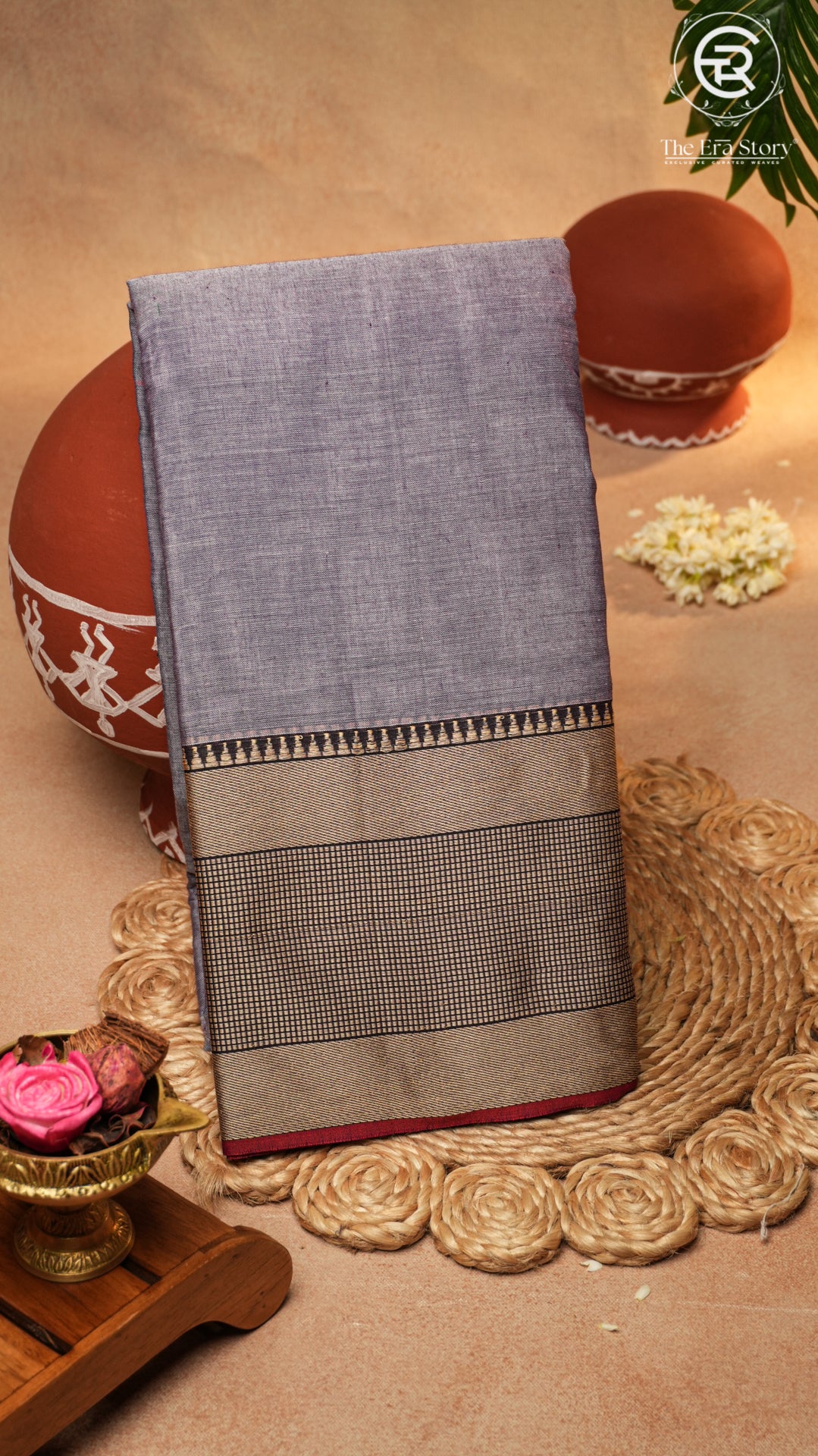 Lavender Temple Checked Border Handloom Narayanpet Cotton Saree