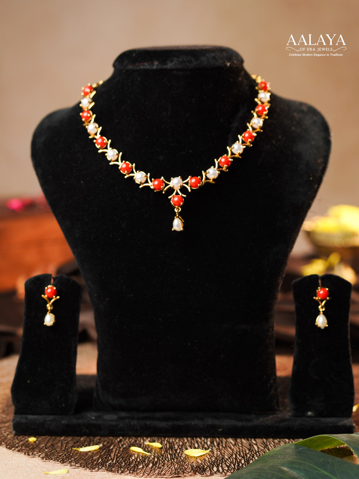 Aalaya Red Coral & Pearl Floral Necklace Set