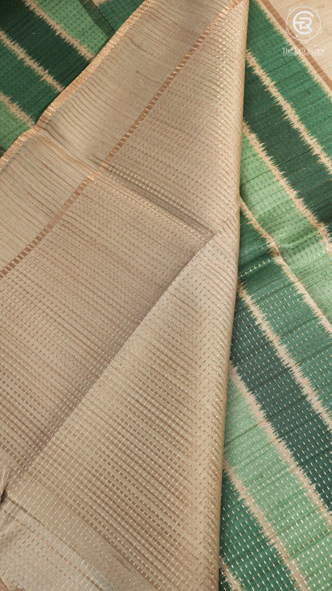 Green and Beige Kantha Matka Tussar Silk Saree