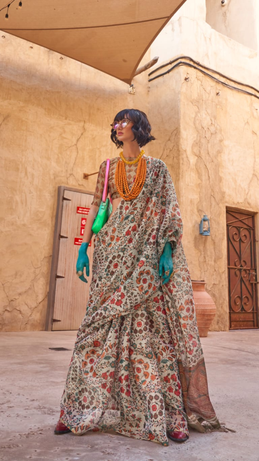Off-White and Brown Floral Printed Handloom Zari Weaving Tissue Silk Saree