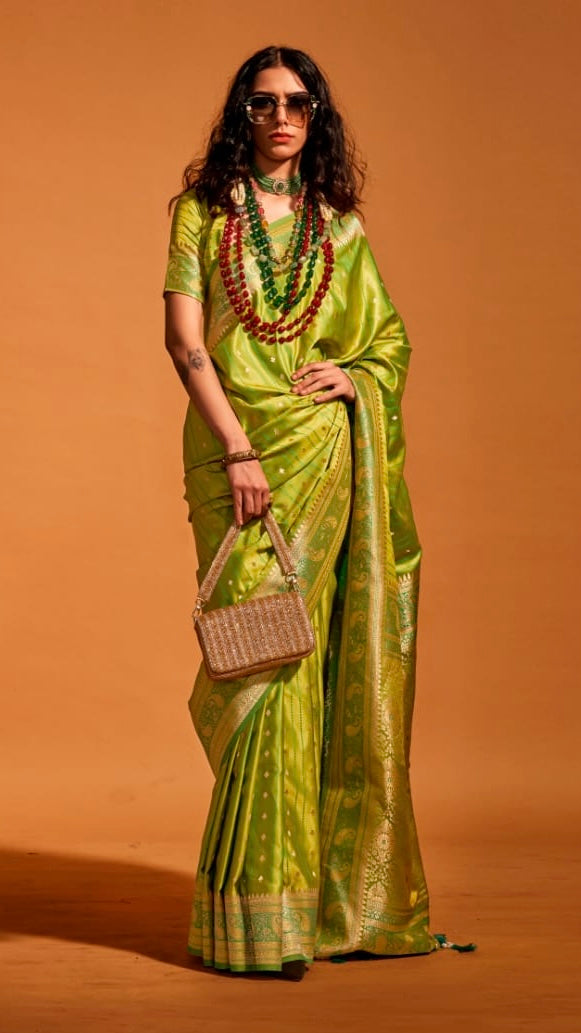 Lime Green Spade & Clover Zari Weaved Banarasi Silk Saree