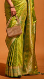 Lime Green Spade & Clover Zari Weaved Banarasi Silk Saree