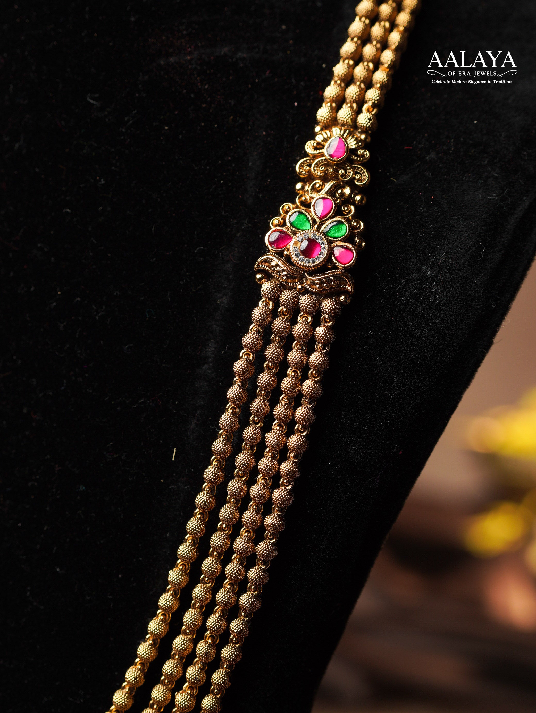 Aalaya Antique Ruby Emerald Gold Beaded Heritage Necklace