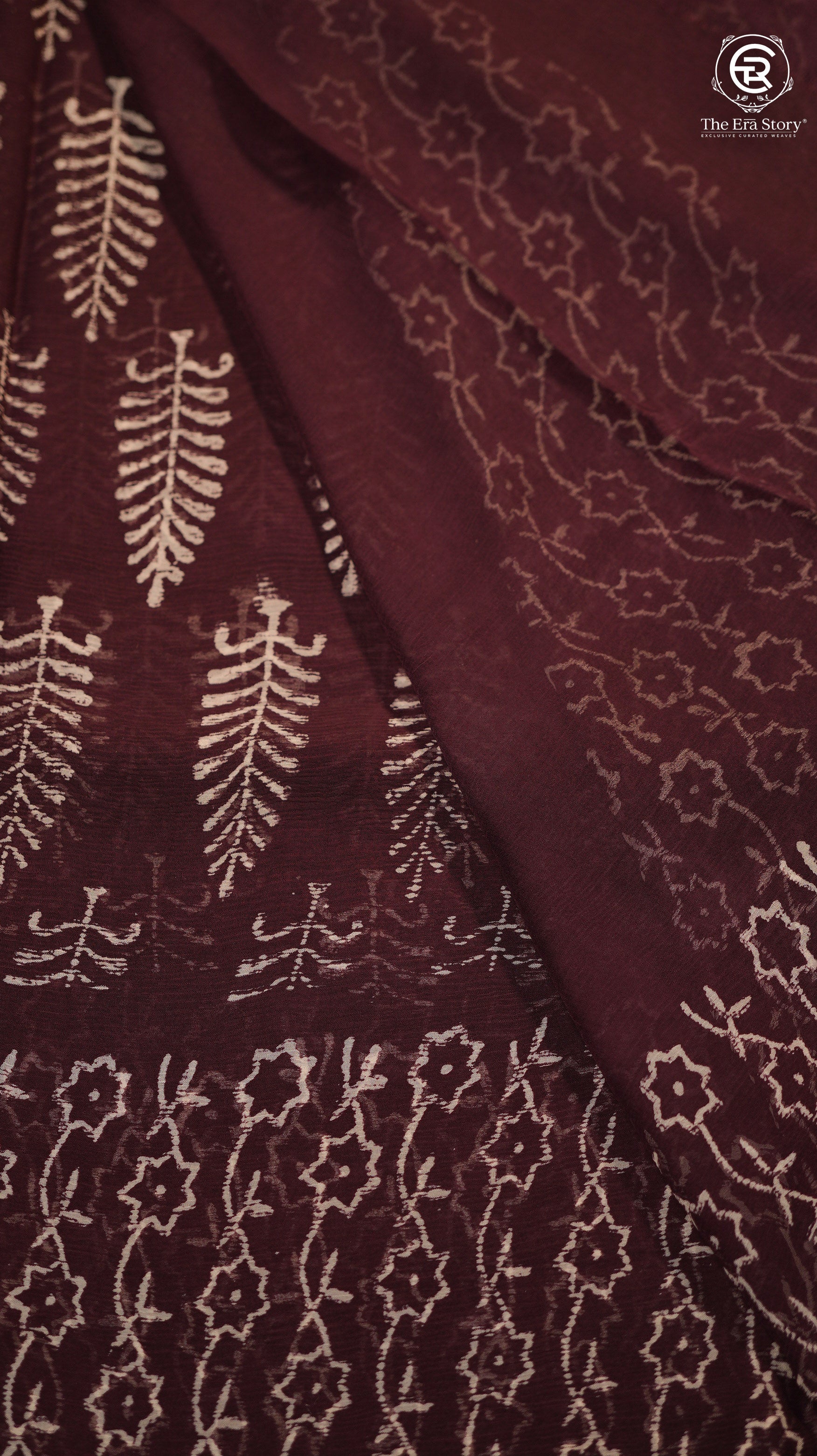 Brown Pine Floral Handblocked Pure Double Chiffon Saree