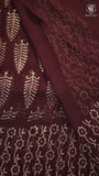 Brown Pine Floral Handblocked Pure Double Chiffon Saree