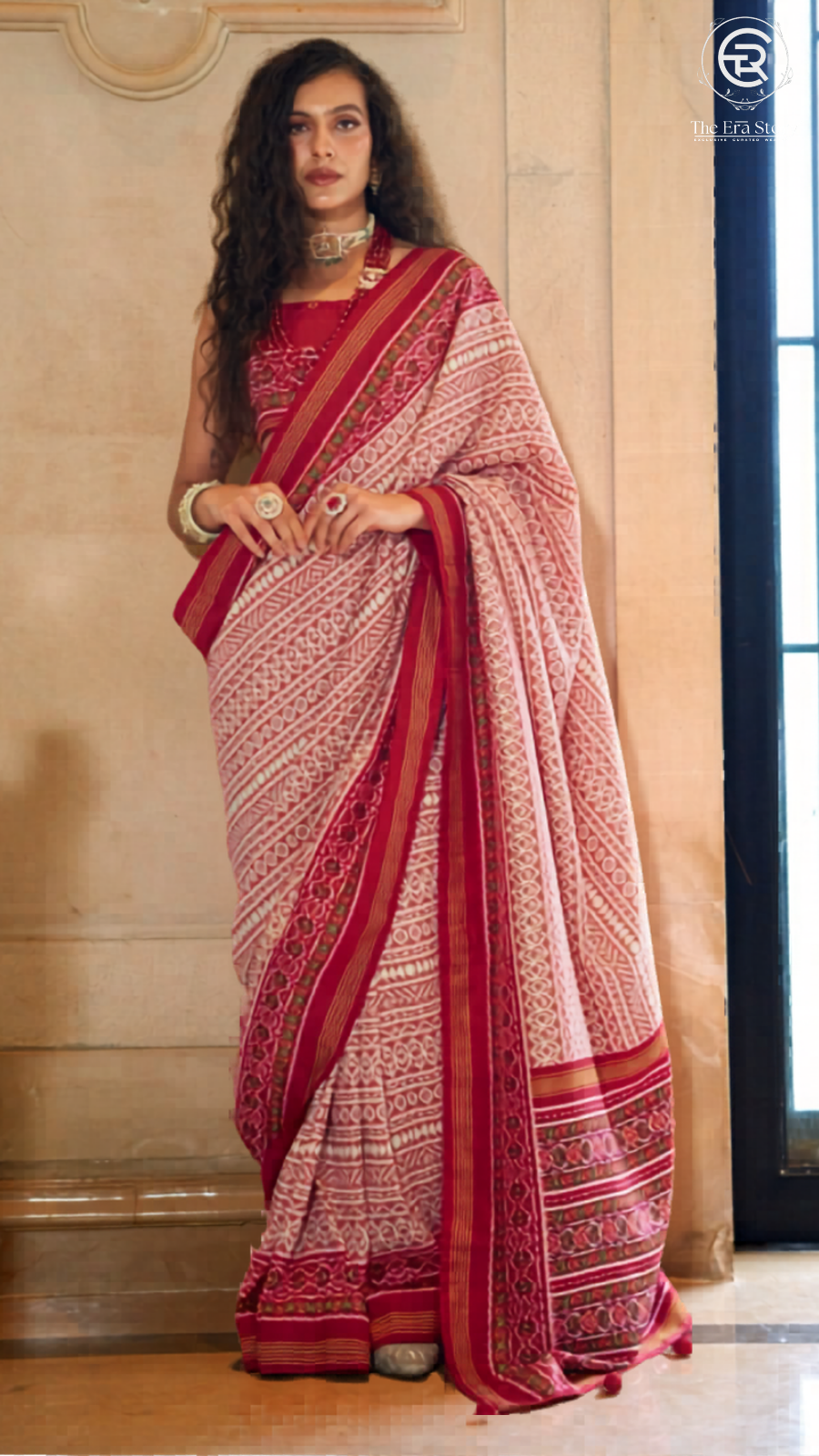 Red & White Cinderella Crepe Banarasi Saree