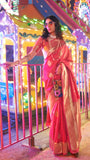 Ruby Pink Leaf Patterned Zari Weaved Banarasi Silk Saree