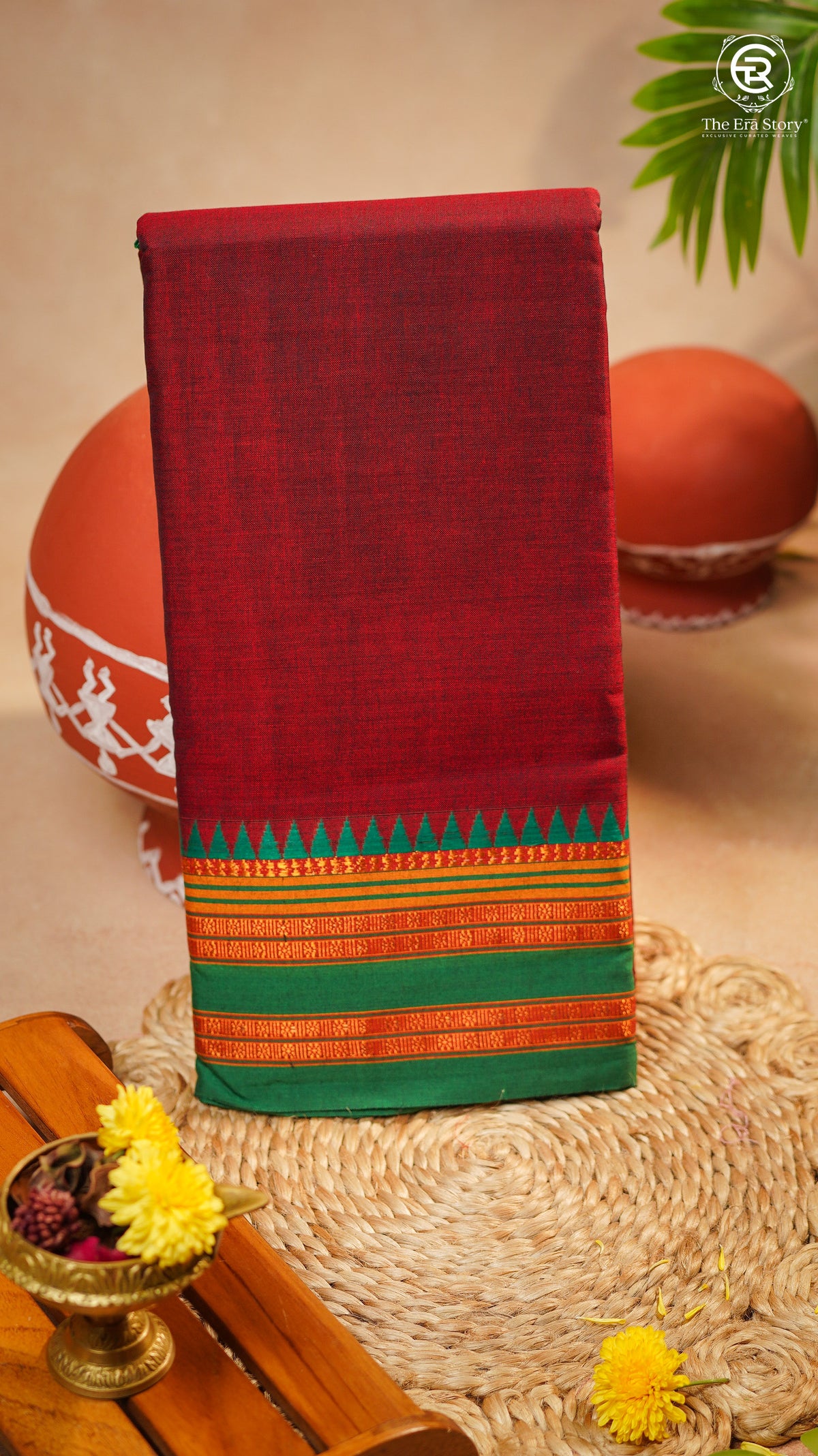 Maroon & Green Temple Border Handloom Narayanpet Cotton Saree