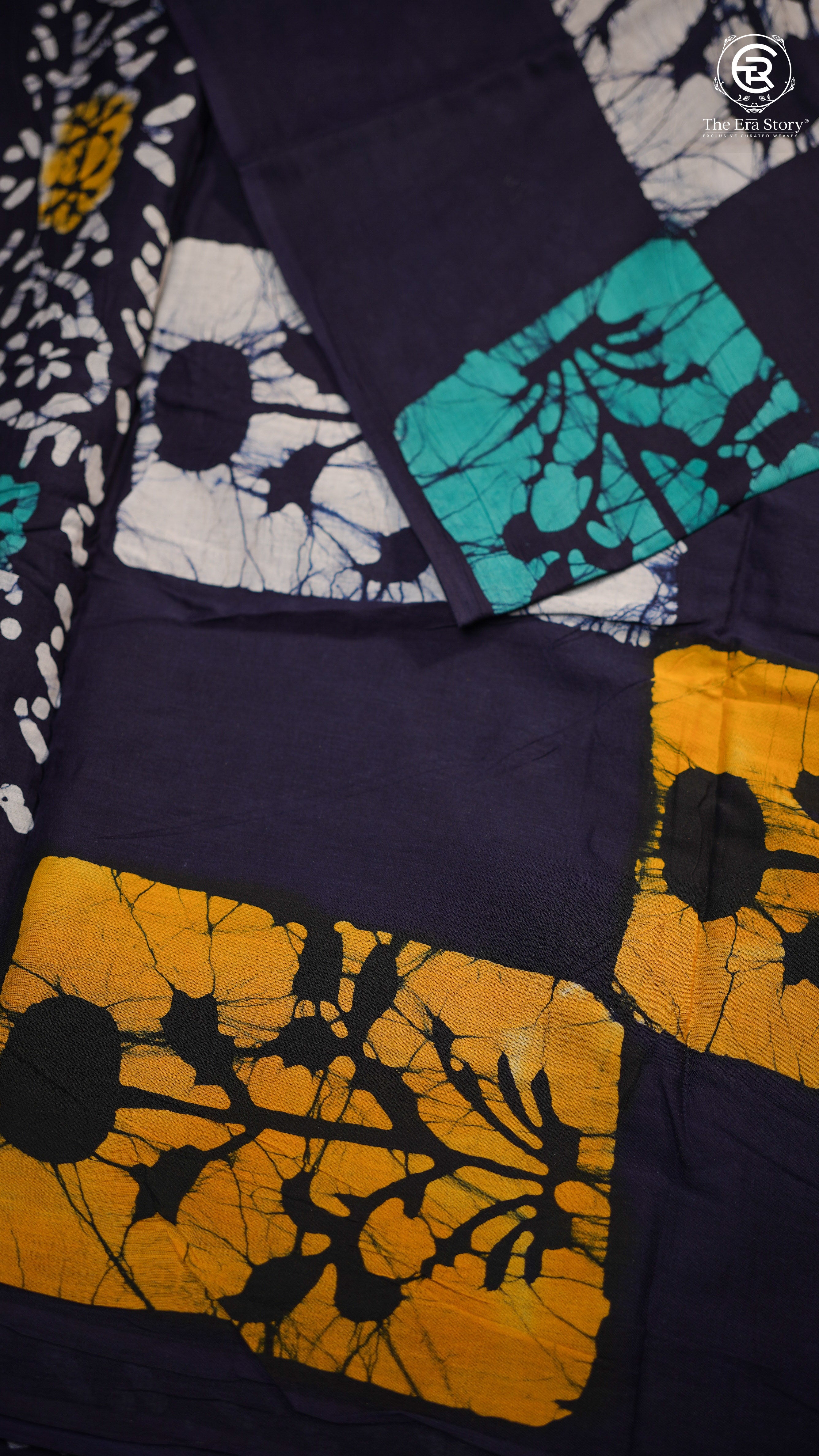 Deep Blue & Multi Floral Handblocked Pure Mul Cotton Saree