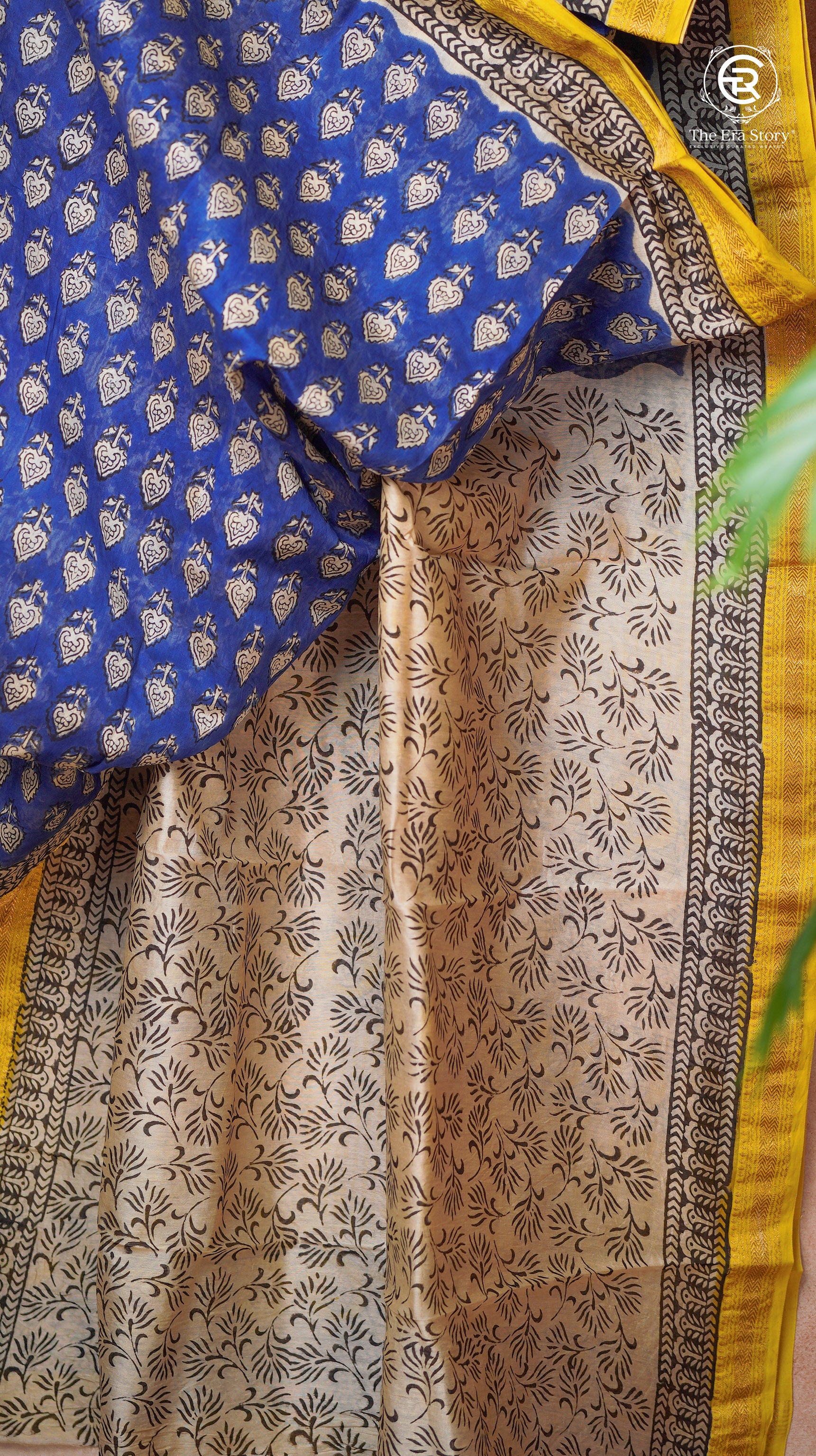 Blue and Yellow Cone Floral Geometric Handblocked Pure Maheshwari Cotton Sarees