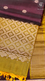 Burgundy and Lemon Green Handloom Pure Kanchipuram Silk Saree (Silk Mark Certified)