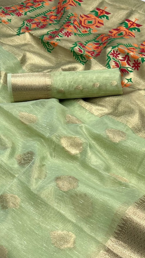 Pista Green Jamdani Kora Tissue Silk Saree