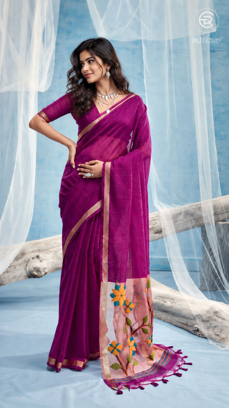 Purple & Gold Multicolor Floral Tussar Silk Saree