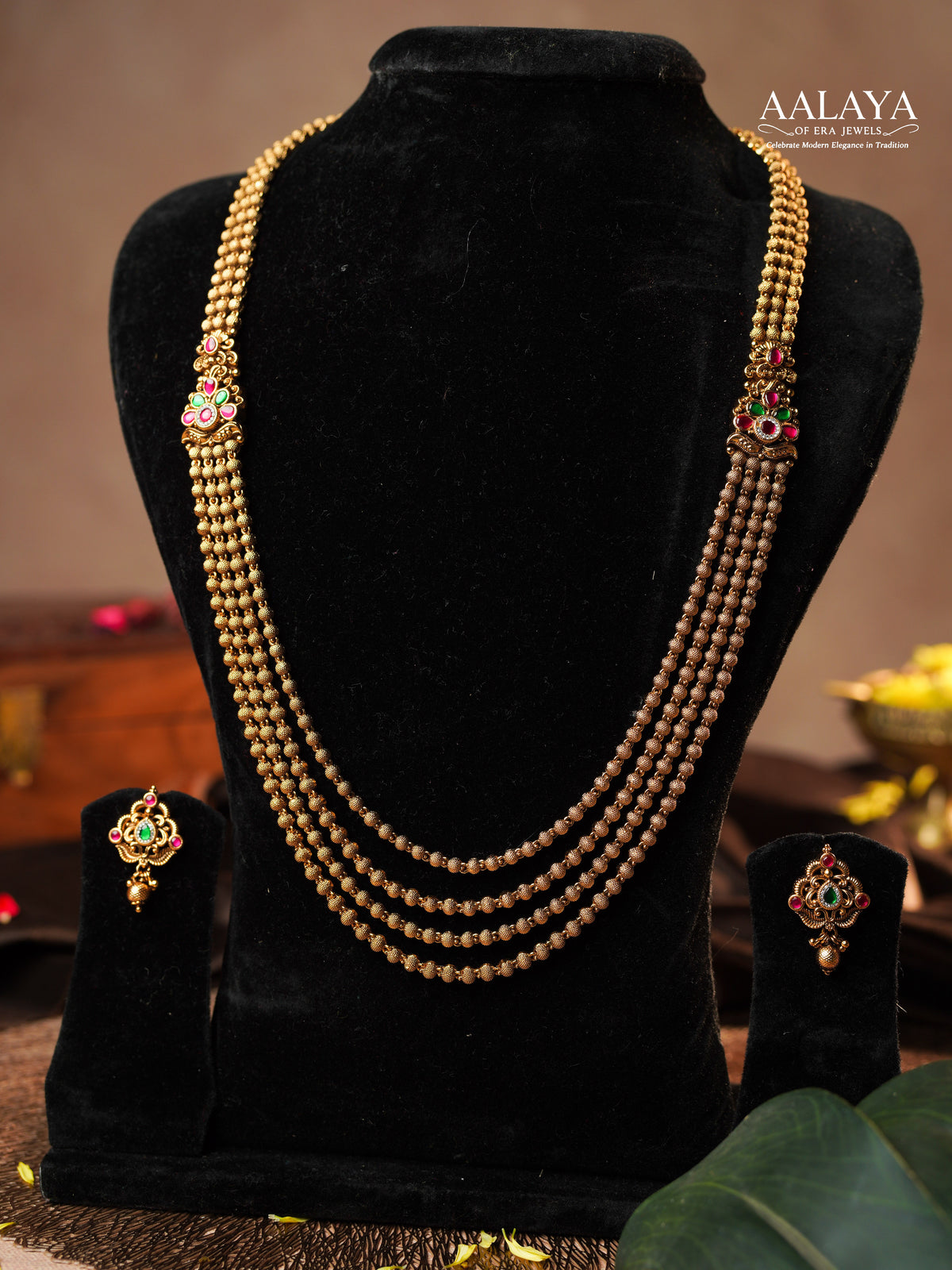 Aalaya Antique Ruby Emerald Gold Beaded Heritage Necklace