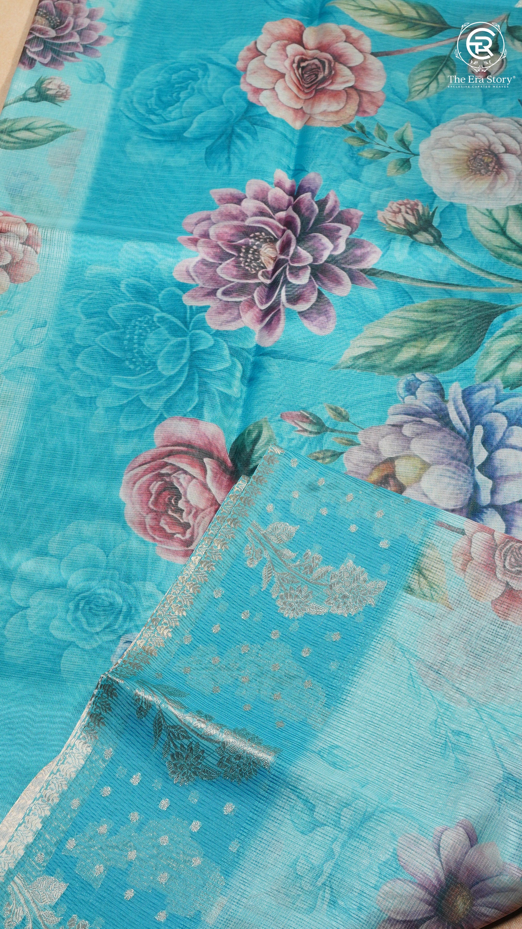 Blue & Multi Color Floral Kota Doria Saree