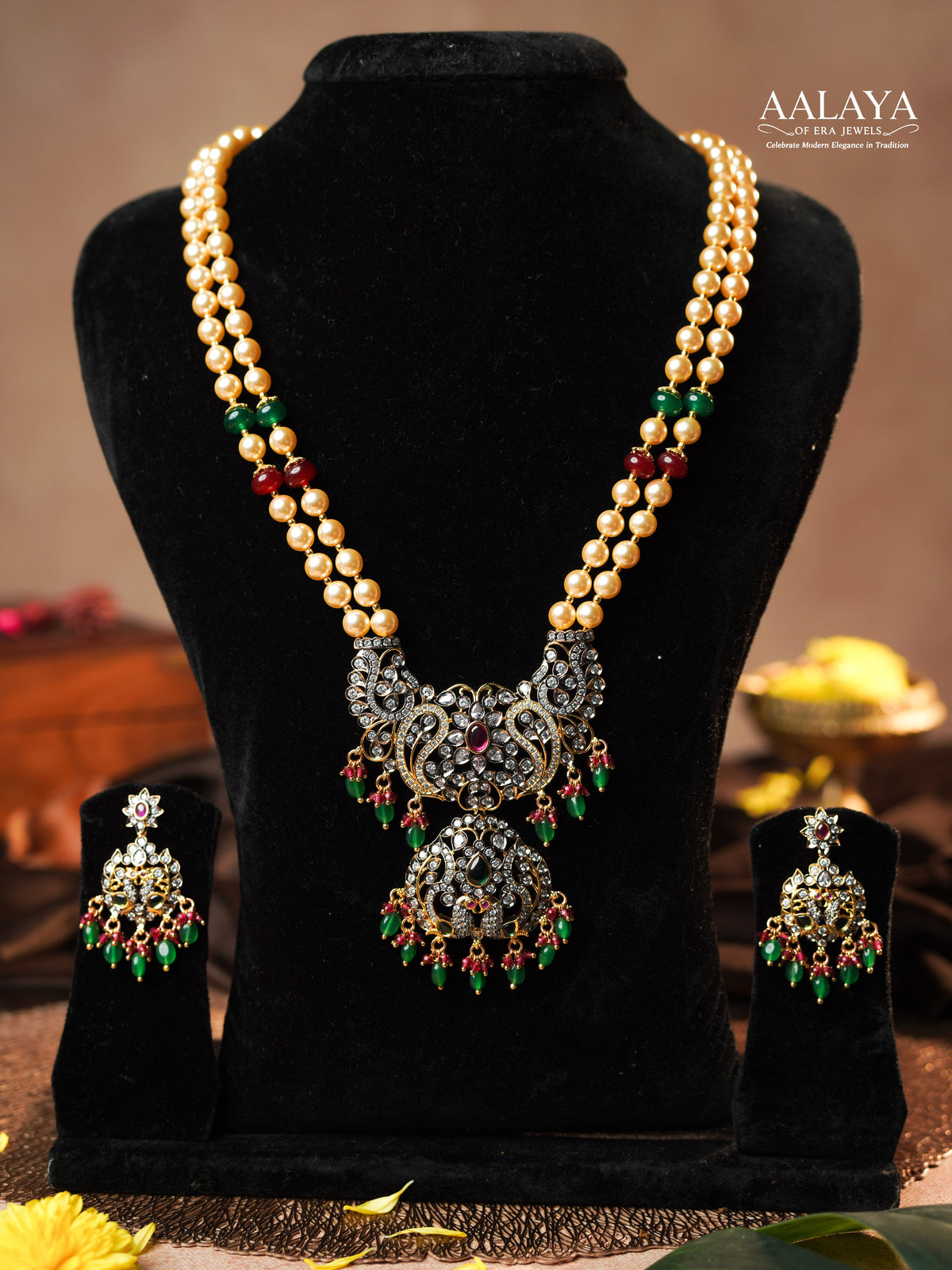 Aalaya Emerald Pearl Temple Necklace Set