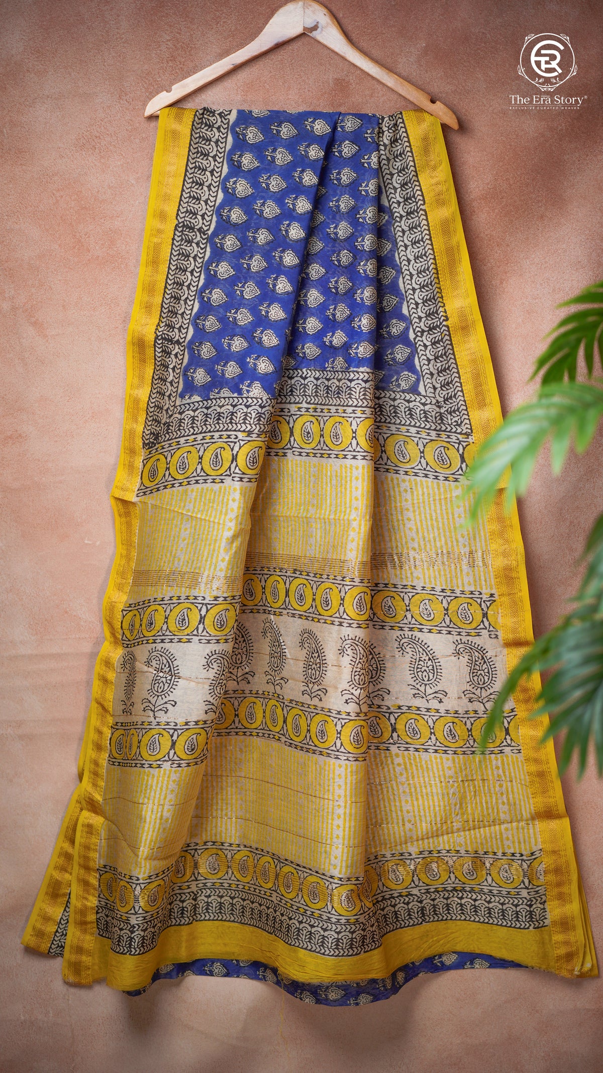 Blue and Yellow Cone Floral Geometric Handblocked Pure Maheshwari Cotton Sarees