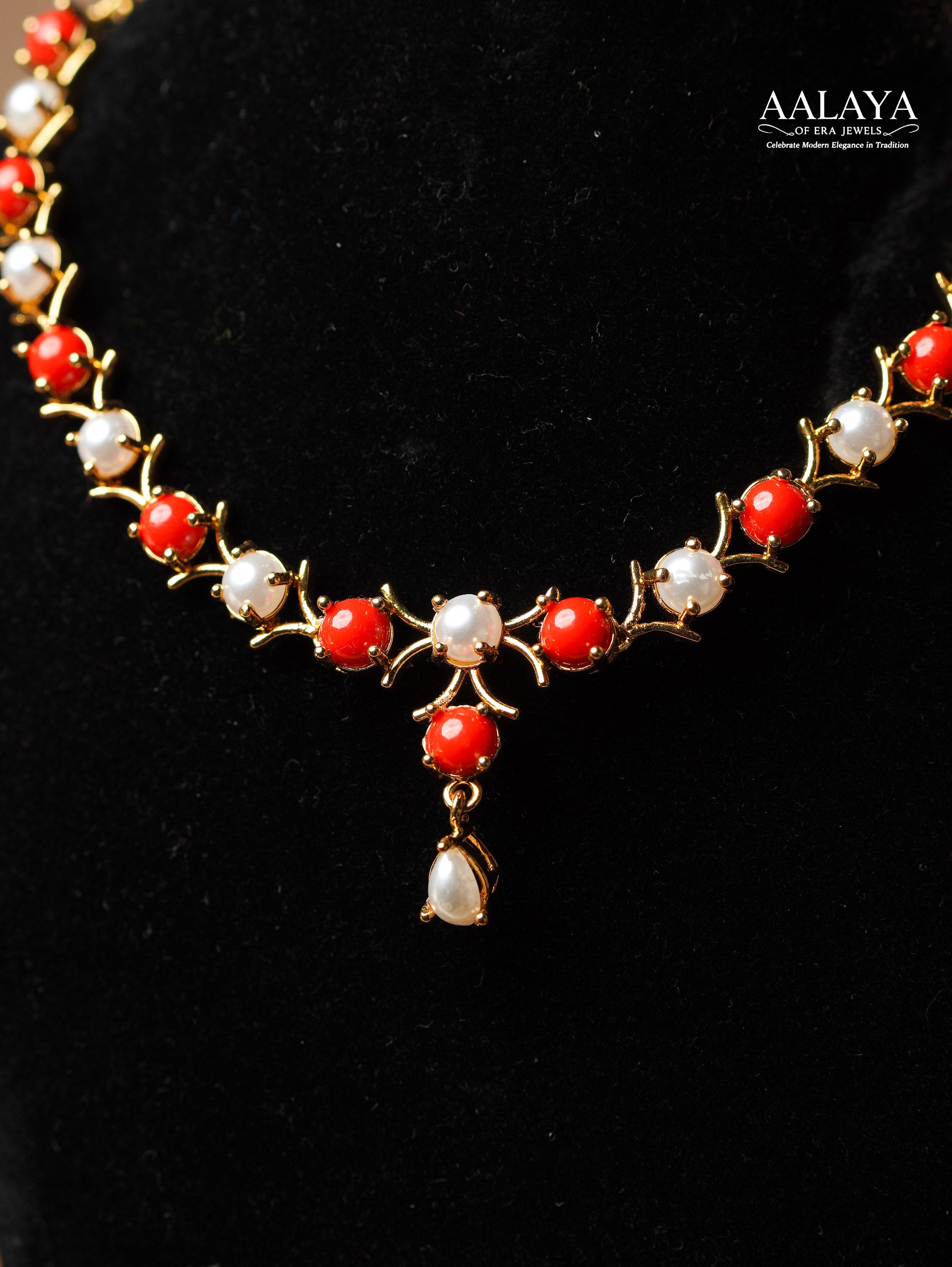 Aalaya Red Coral & Pearl Floral Necklace Set