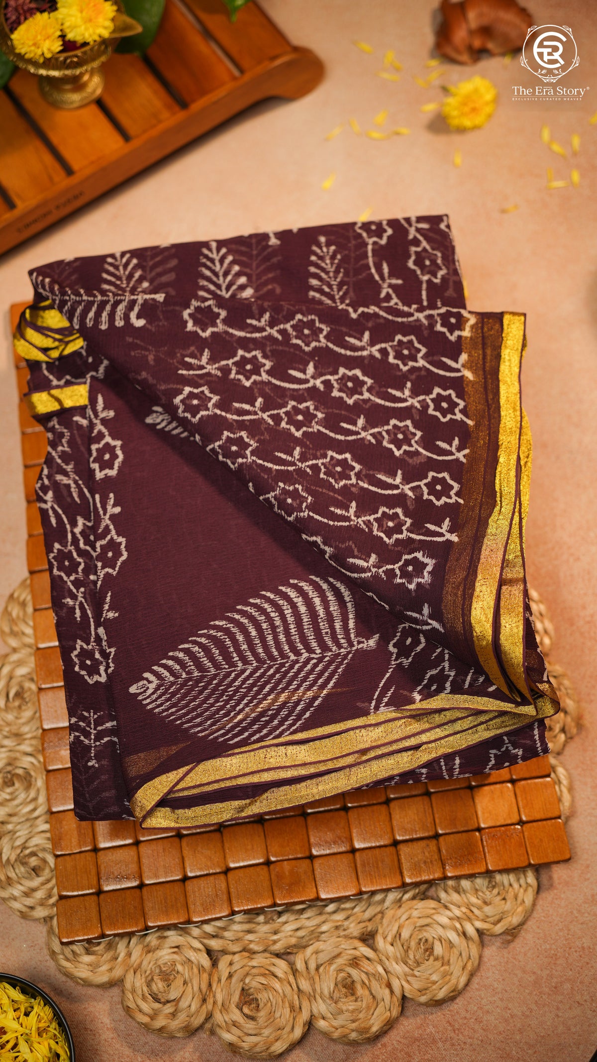 Brown Pine Floral Handblocked Pure Double Chiffon Saree