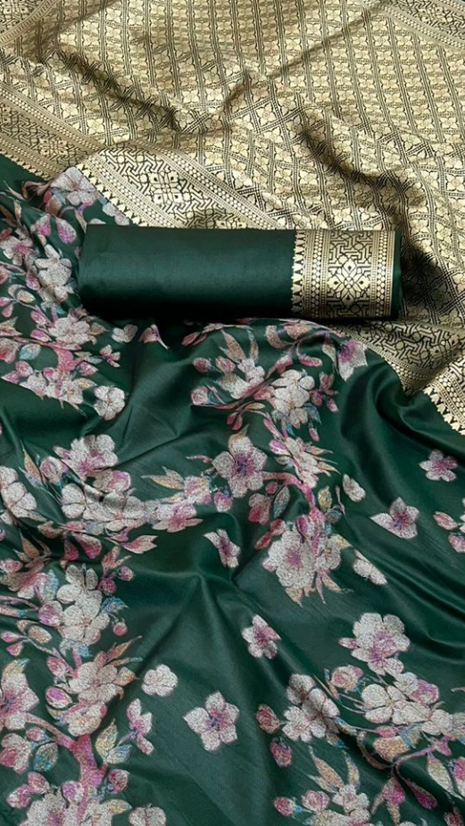 Green and Gold Floral Satin Banarasi Silk Saree