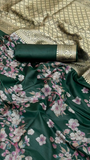 Green and Gold Floral Satin Banarasi Silk Saree