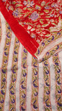 Red & Blue Floral Handblocked Pure Georgette Saree