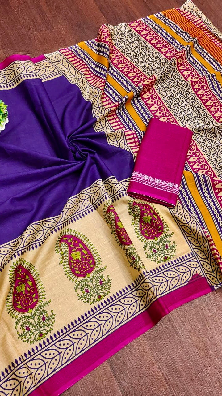 Blue and Beige Ajrakh Hand Blocked Pure Cotton Saree