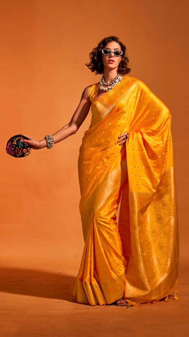 Yellow Spade & Clover Zari Weaved Banarasi Silk Saree