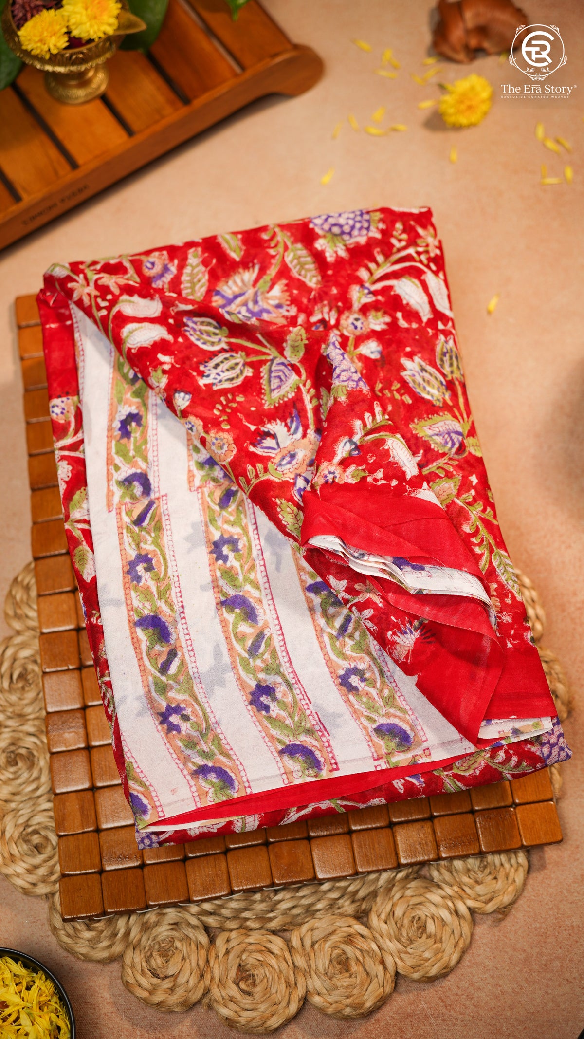 Red & Blue Floral Handblocked Pure Georgette Saree