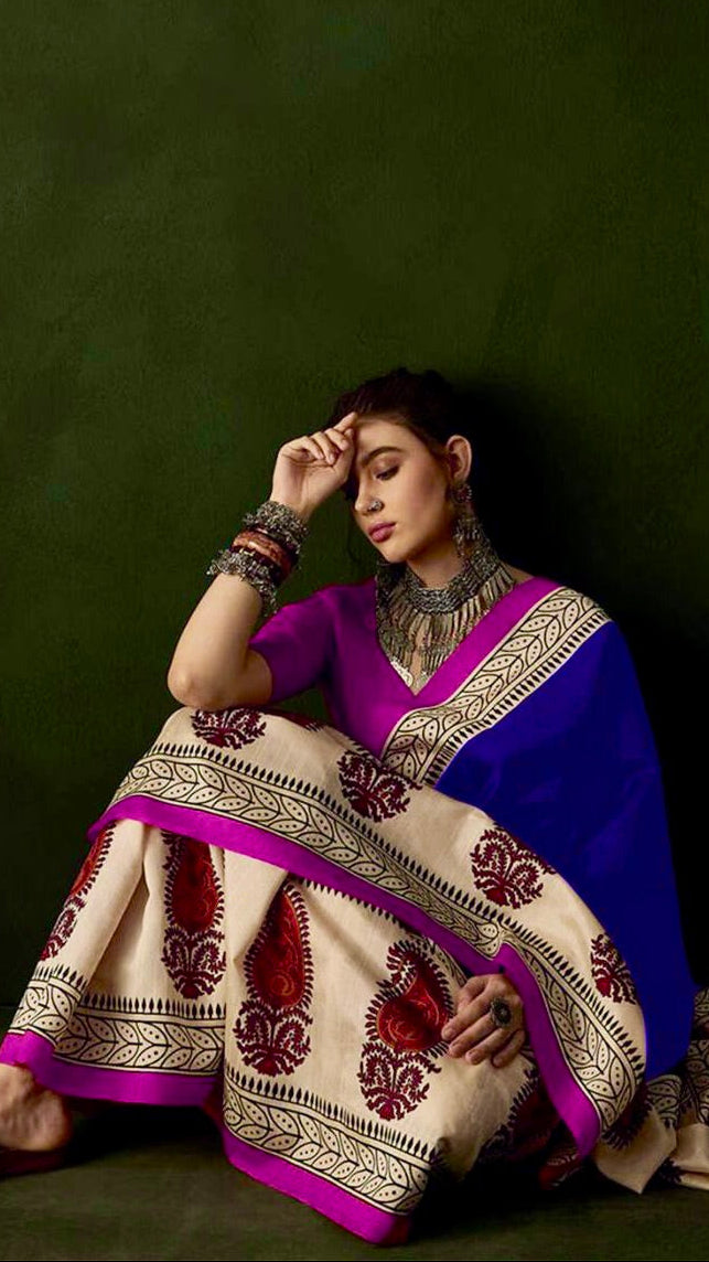 Blue and Beige Ajrakh Hand Blocked Pure Cotton Saree
